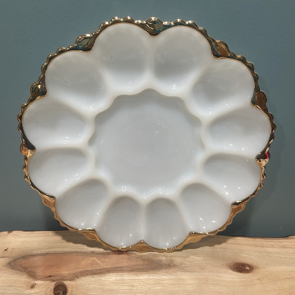 Vintage Fire King Anchor Hocking Milk Glass Deviled Egg Plate Gold Trim Serving